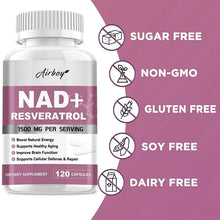 Load image into Gallery viewer, NAD+ Resveratrol Supplements - Natural Energy, Anti-aging and Cellular Health, Strengthens The Immune System - 120 Capsules 