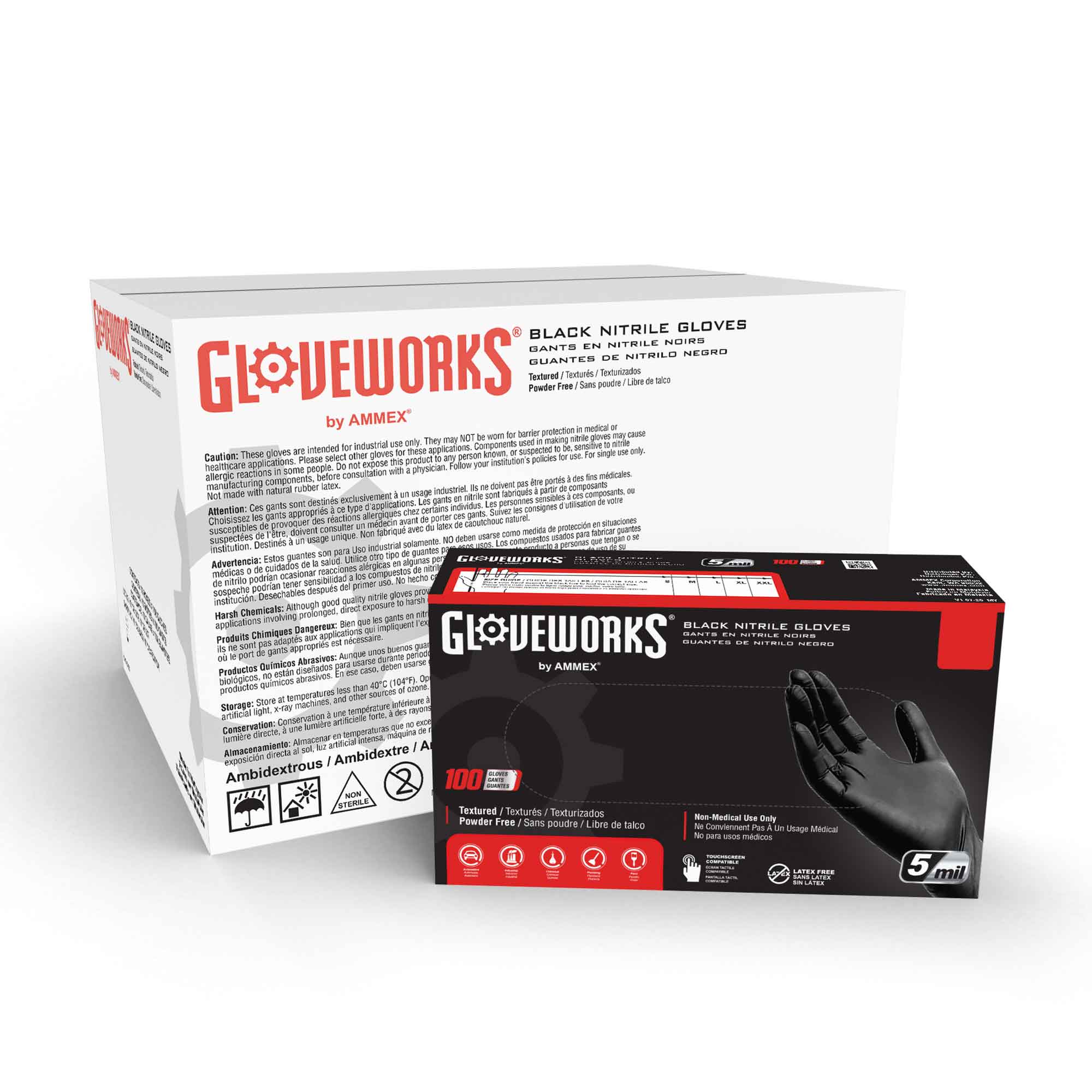 Gloveworks Black Nitrile Industrial Latex Free Disposable Gloves, 2X-Large (Box of 100)