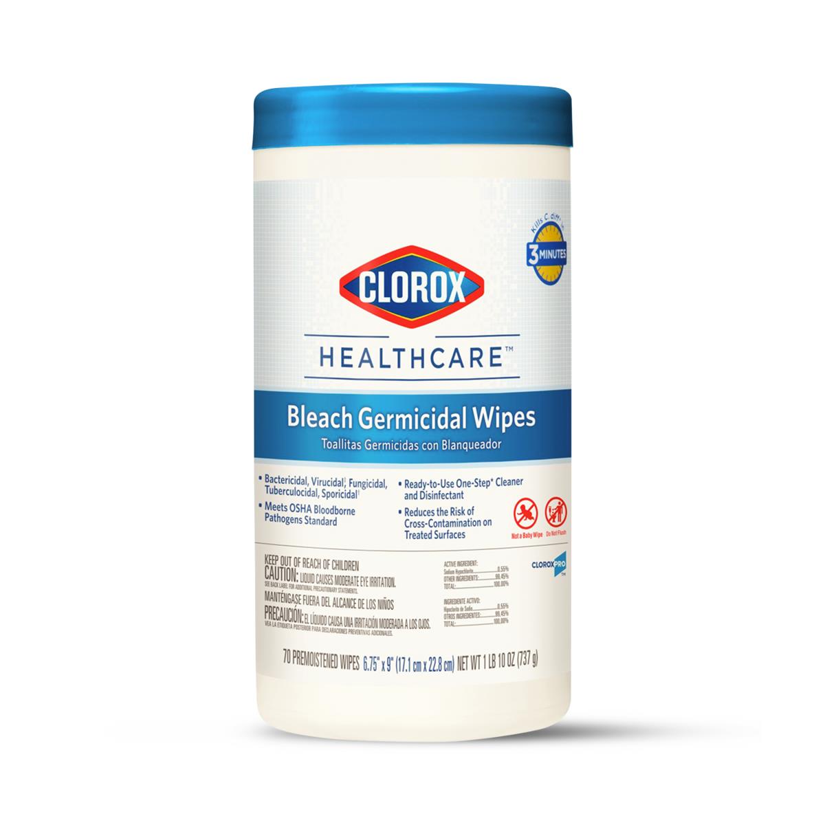 Bleach Germicidal Wipes, Canister of 150 Wipes, 6" x 5" Clorox Healthcare (Pack 2)